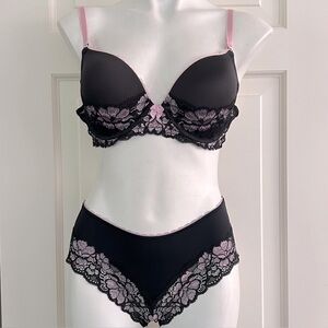 Adore Me Cheyanne Pink & Black Lace Push Up Bra with Matching Bikini 38C/L
